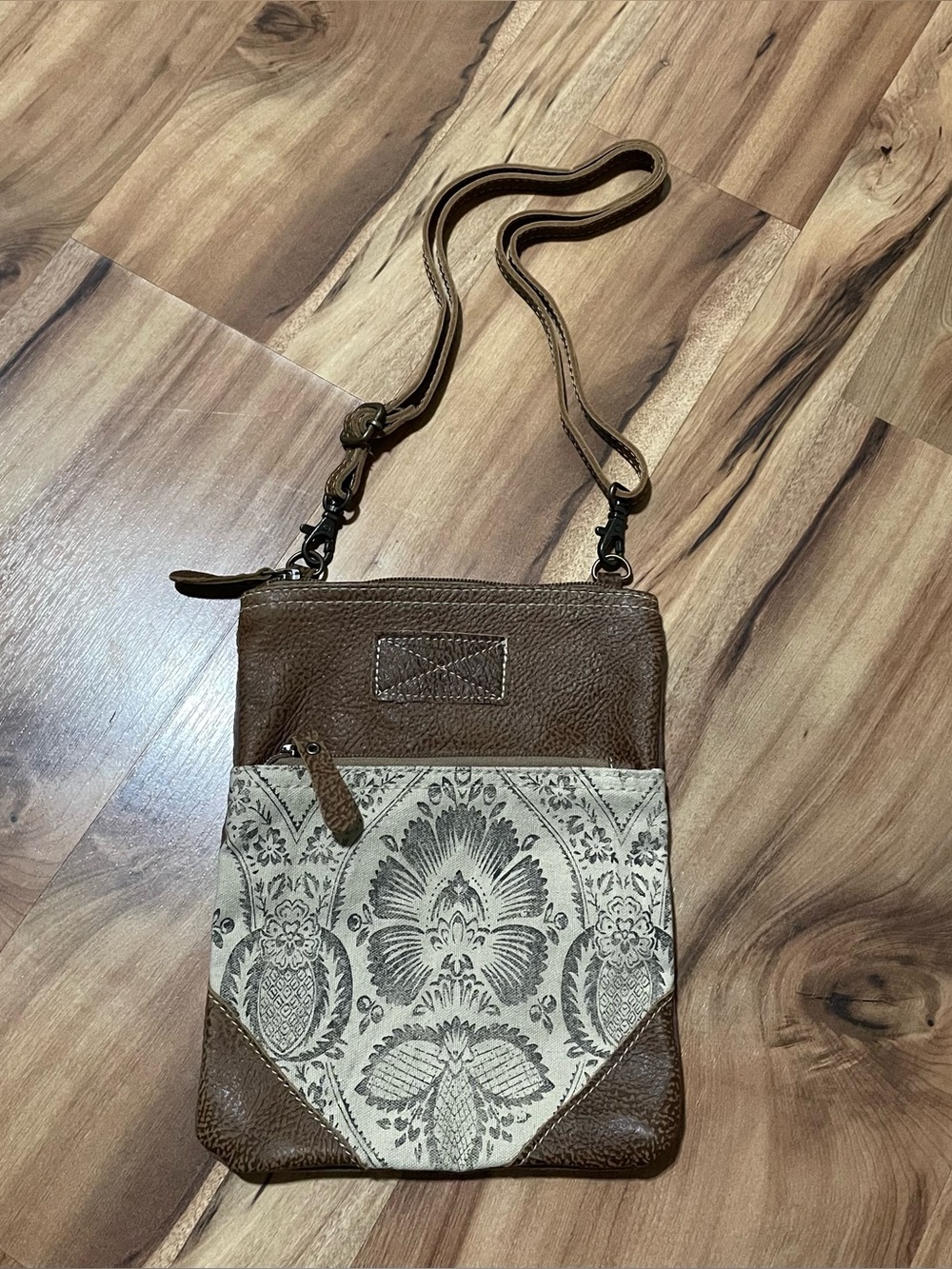 Myra Bag Soul Searcher Boho Crossbody Purse Leather Trim Floral Canvas Grey